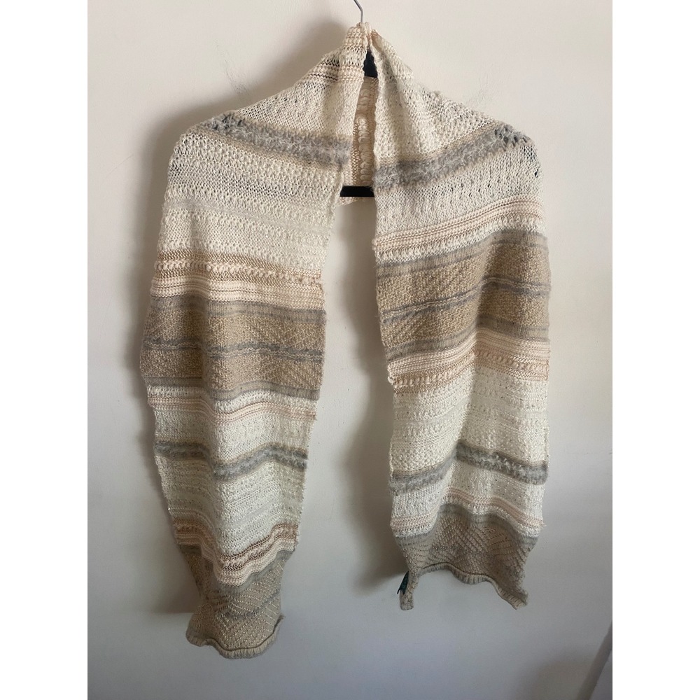 Lauren Ralph Lauren Wool Mohair Blend Sequin Striped Knit Scarf Cream Beige Grey